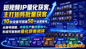 短视频IP量化获客，主打矩阵批量获客，10台设备可搭建50个运营账号，从账号搭建、内容生产到流量放大，形成可复制的量化获客闭环-流年日记