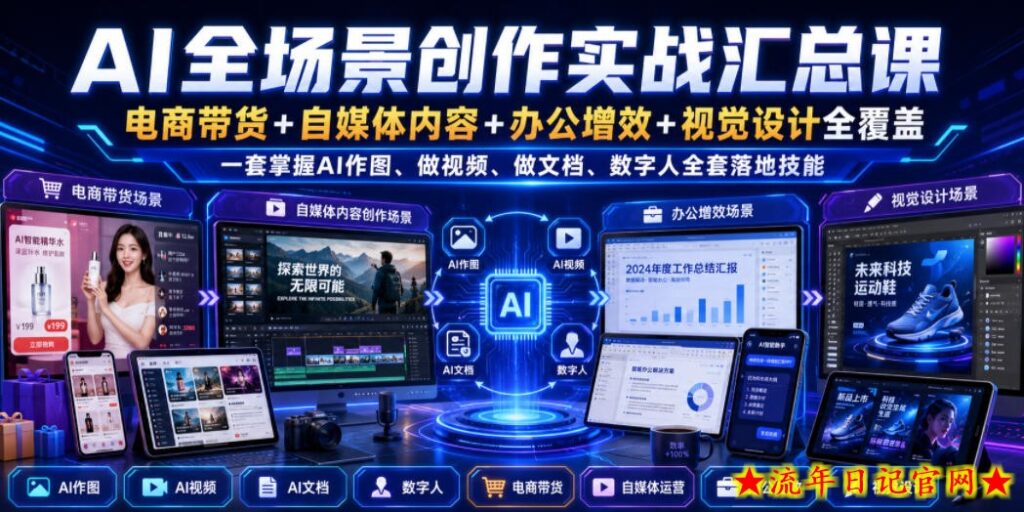 AI全场景创作实战汇总课｜电商带货+自媒体内容+办公增效+视觉设计全覆盖，一套掌握AI作图、做视频、做文档、数字人全套落地技能-流年日记