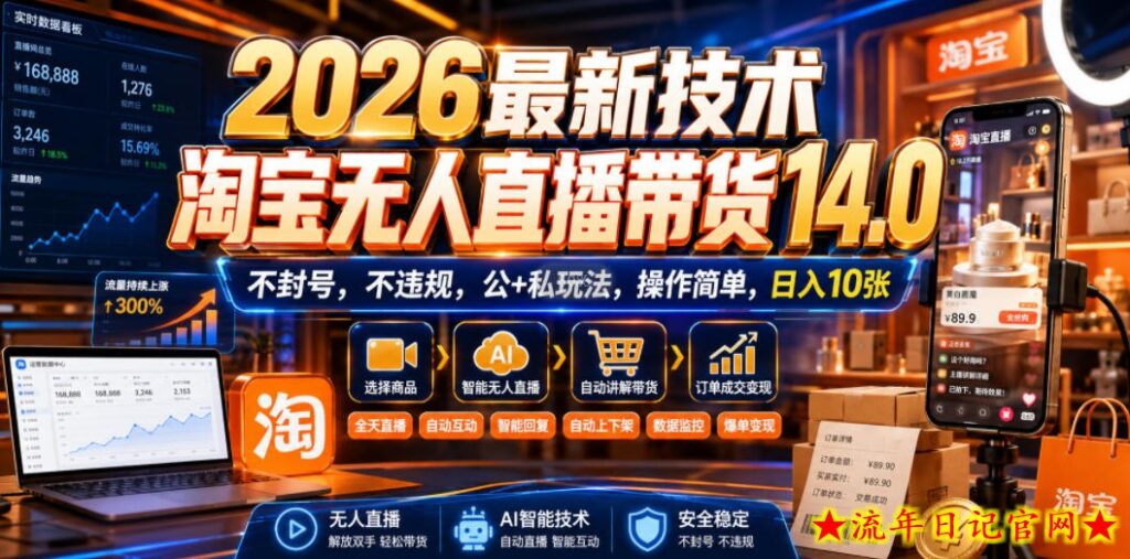 2026最新技术,淘宝无人直播带货14.0,不封号,不违规,公+私玩法,操作简单,日入10张【揭秘】-流年日记