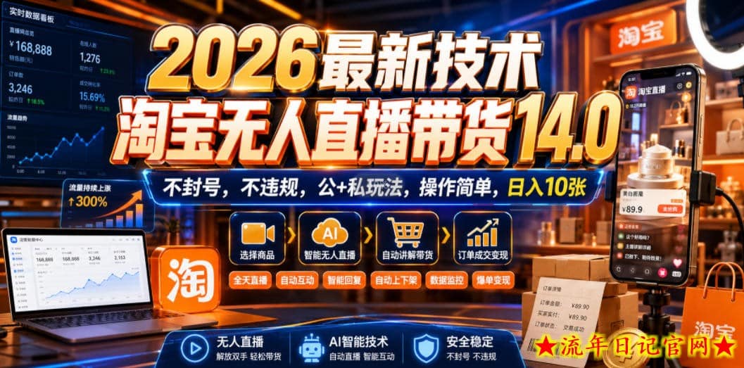 2026最新技术，淘宝无人直播带货14.0，不封号，不违规，公+私玩法，操作简单，日入10张【揭秘】