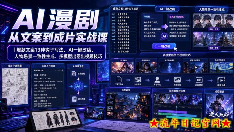 AI漫剧从文案到成片实战课｜爆款文案13种钩子写法、AI一键改稿、人物场景一致性生成、多模型出图出视频技巧