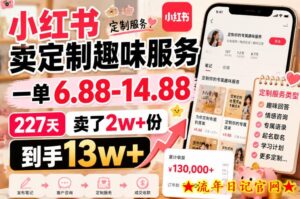 小红书卖定制趣味服务,一单6.88-14.88,227天卖了2w+份,到手13w+-流年日记