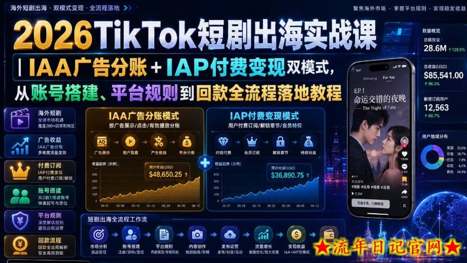 2026TikTok短剧出海实战课｜IAA广告分账+IAP付费变现双模式，从账号搭建、平台规则到回款全流程落地教程-流年日记