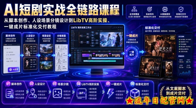 AI短剧实战全链路课程｜从脚本创作、人设场景分镜设计到LibTV高阶实操、一键成片标准化交付教程-流年日记