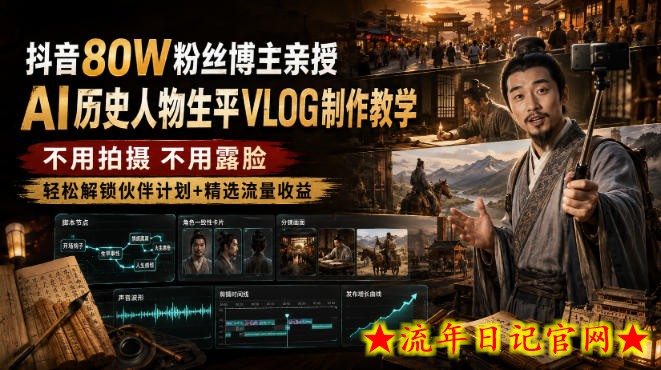 抖音80W粉丝博主的AI历史人物生平VLOG教学，不用拍摄不用露脸，AI帮你搞定，轻松解锁伙伴计划+精选收益-流年日记