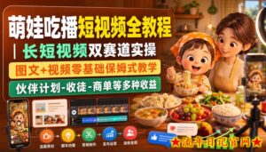 萌娃吃播短视频全教程｜长短视频双赛道实操，图文+视频零基础保姆式教学，伙伴计划-收徒-商单等多种变现方式-流年日记