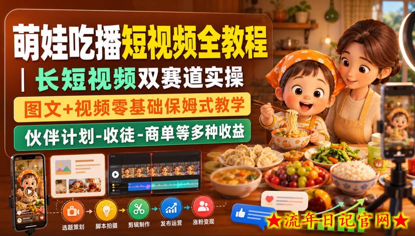 萌娃吃播短视频全教程|长短视频双赛道实操,图文+视频零基础保姆式教学,伙伴计划-收徒-商单等多种变现方式-流年日记