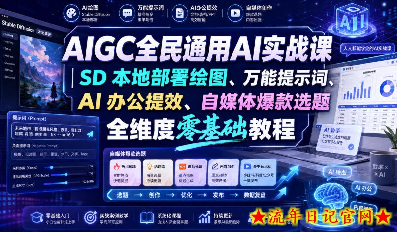 AIGC全民通用AI实战课|SD本地部署绘图、万能提示词、AI办公提效、自媒体爆款选题全维度零基础教程-流年日记