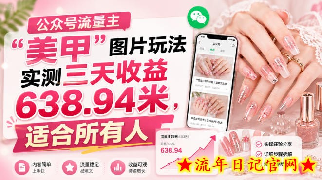 公众号流量主”美甲”图片玩法实测三天收益638.94米,适合所有人-流年日记