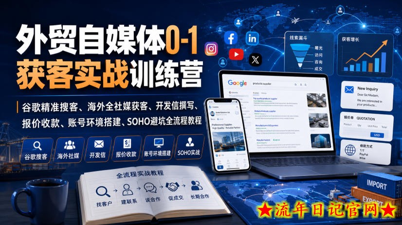 外贸自媒体0-1获客实战训练营|谷歌精准搜客、海外全社媒获客、开发信撰写、报价收款、账号环境搭建、SOHO避坑全流程教程-流年日记