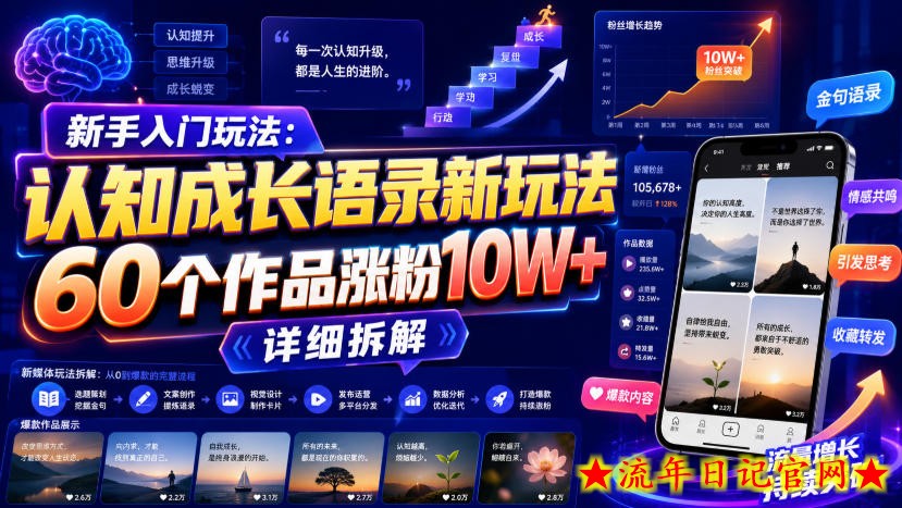 新手入门玩法:认知成长语录新玩法,60个作品涨粉10W+,详细拆解-流年日记