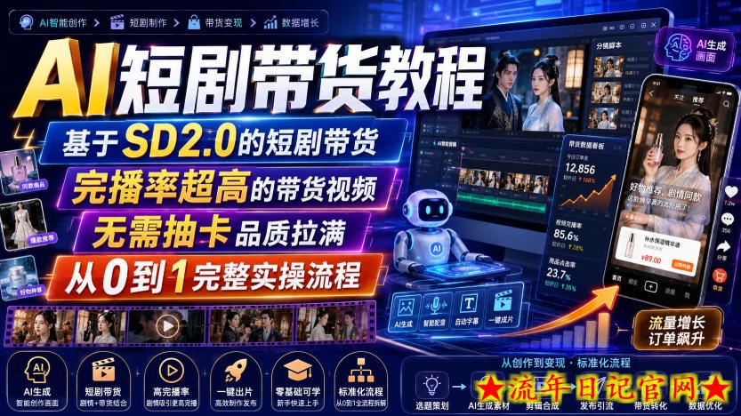 AI短剧带货教程,基于SD2.0的短剧带货,完播率超高的带货视频,无需抽卡品质拉满,从0到1完整实操流程-流年日记