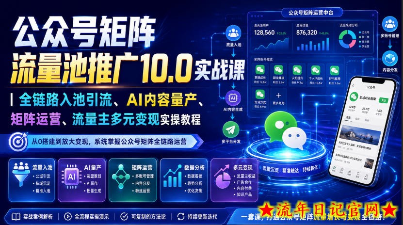 公众号矩阵流量池推广10.0实战课|全链路入池引流、AI内容量产、矩阵运营、流量主多元变现实操教程-流年日记