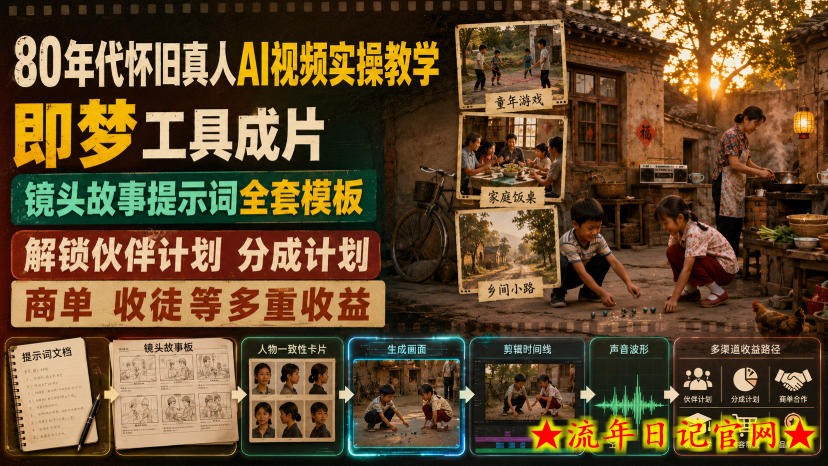 80年代怀旧真人AI视频实操教学,即梦工具成片、镜头故事提示词全套模板,解锁伙伴计划分成计划商单收徒等多重收益-流年日记