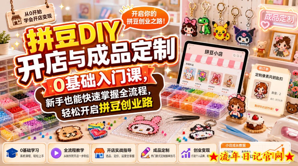 拼豆DIY开店与成品定制0基础入门课,新手也能快速掌握全流程,轻松开启拼豆创业路-流年日记