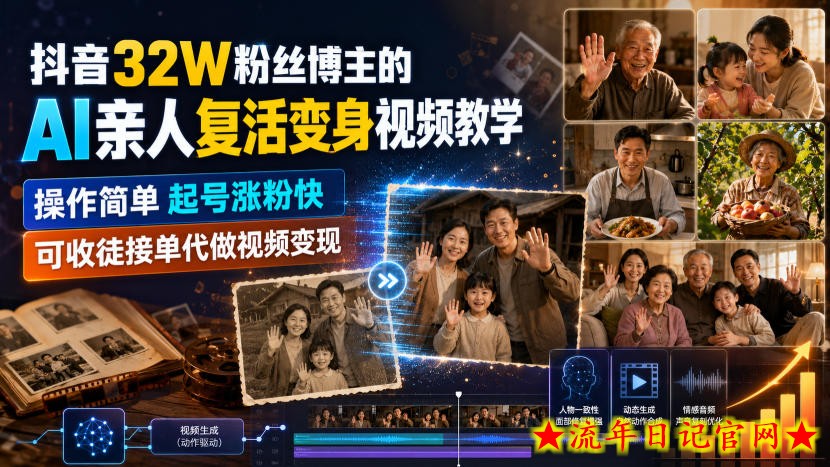 抖音32W粉丝博主的AI亲人复活变身视频教学,操作简单,起号涨粉快,可收徒接单代做视频变现-流年日记