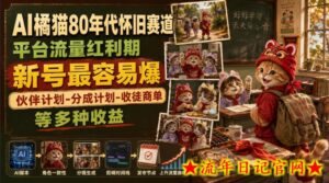 AI橘猫80年代怀旧赛道，平台流量红利期，新号最容易爆，伙伴计划-分成计划-收徒商单等多种收益-流年日记