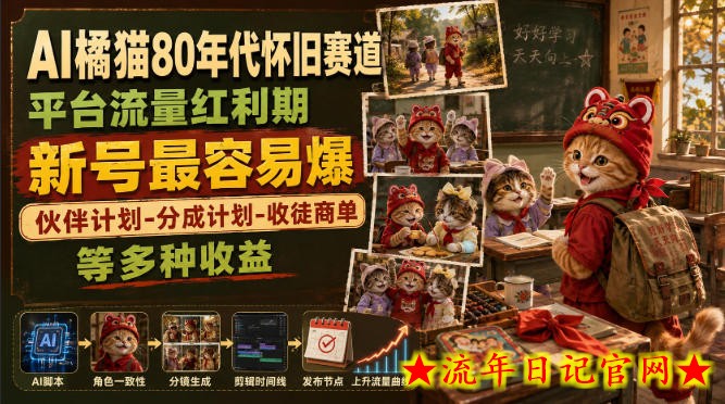 AI橘猫80年代怀旧赛道，平台流量红利期，新号最容易爆，伙伴计划-分成计划-收徒商单等多种收益-流年日记