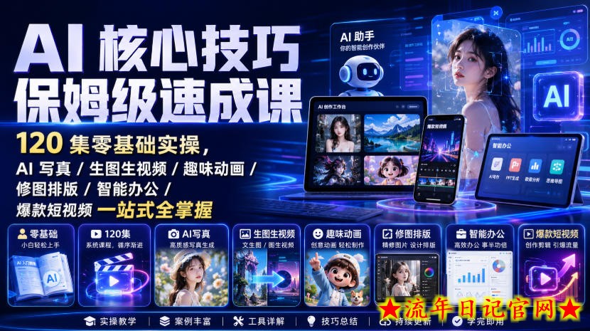 AI核心技巧保姆级速成课｜120集零基础实操，AI写真/生图生视频/趣味动画/修图排版/智能办公/爆款短视频一站式全掌握-流年日记