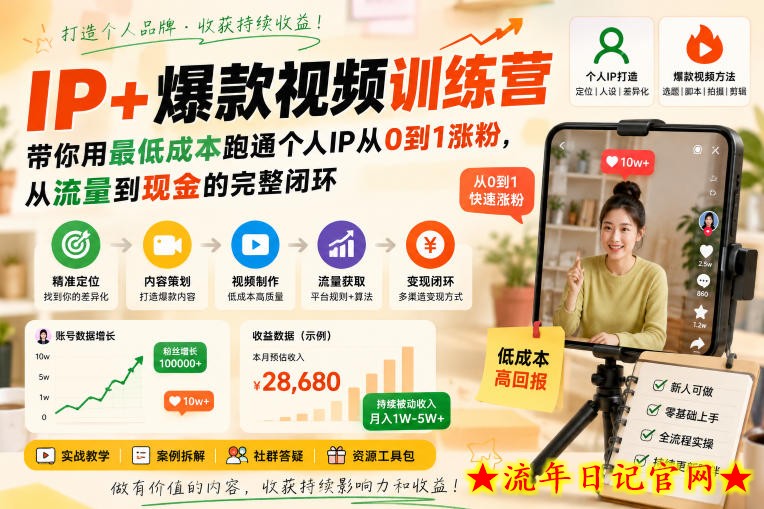IP+爆款视频训练营，带你用最低成本跑通个人IP从0到1涨粉，从流量到现金的完整闭环-流年日记