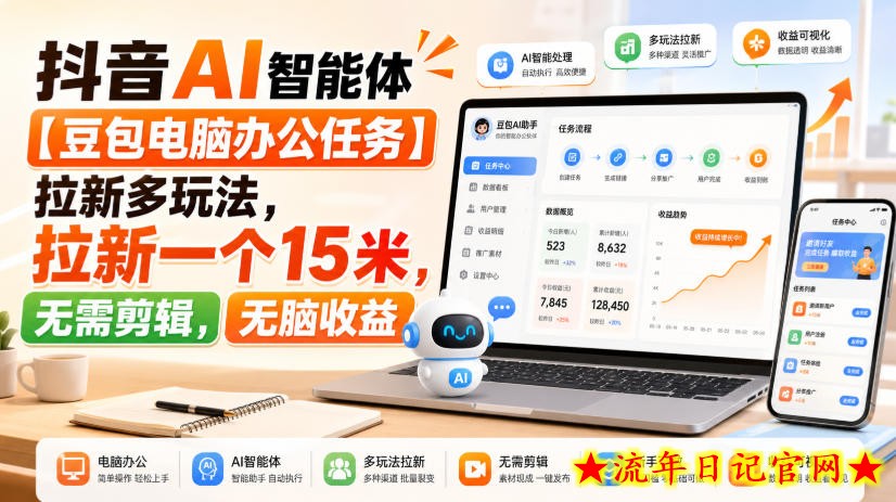 抖音AI智能体【豆包电脑办公任务】拉新多玩法，拉新一个15米，无需剪辑，无脑收益