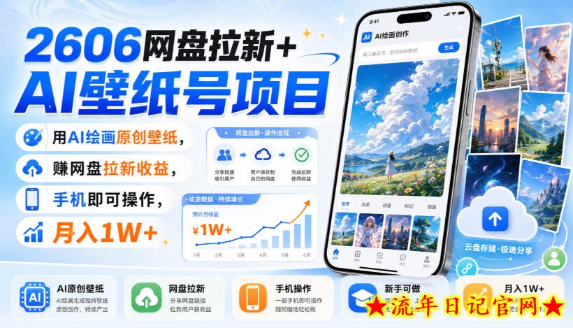 2606网盘拉新+AI壁纸号项目，用AI绘画原创壁纸，賺网盘拉新收益，手机即可操作，月入1W+