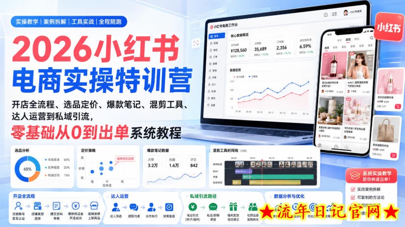 2026小红书电商实操特训营|开店全流程、选品定价、爆款笔记、混剪工具、达人运营到私域引流,零基础从0到出单系统教程-流年日记