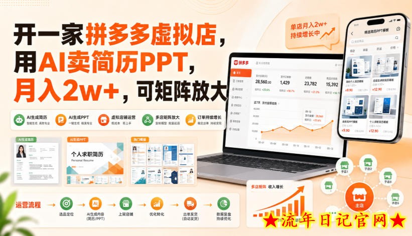 开一家拼多多虚拟店,用AI卖简历PPT,月入2w+,可矩阵放大【揭秘】-流年日记