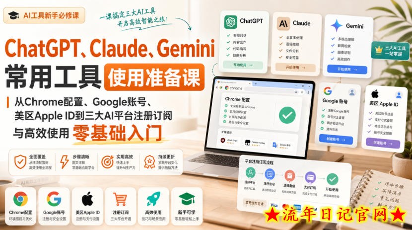 ChatGPT、Claude、Gemini常用工具使用准备课|从Chrome配置、Google账号、美区Apple ID到三大AI平台注册订阅与高效使用零基础入门-流年日记