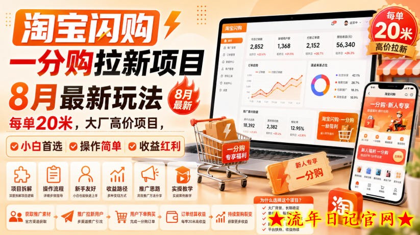 淘宝闪购一分购拉新项目8月最新玩法,每单20米,大厂高价项目,小白首选,操作简单,收益红利-流年日记