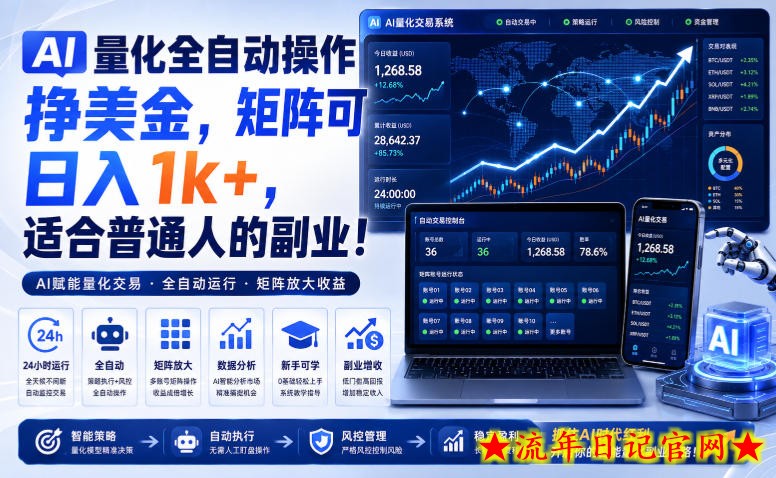 AI量化全自动操作挣美金，矩阵可日入1k+，适合普通人的副业！【揭秘】