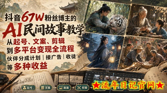 抖音67W粉丝博主的AI民间故事教学，从起号、文案、剪辑到多平台变现全流程，伙伴分成计划接广告等多种收益，月入1W+