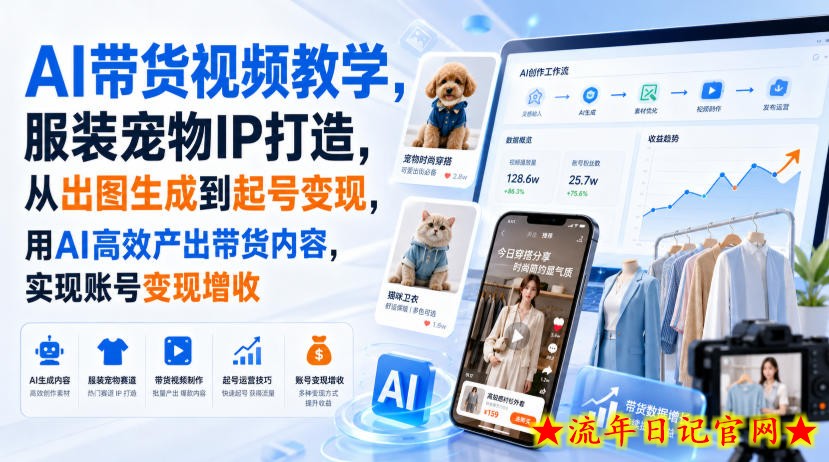 AI带货视频教学,服装宠物IP打造,从出图生成到起号变现,用AI高效产出带货内容,实现账号变现增收-流年日记