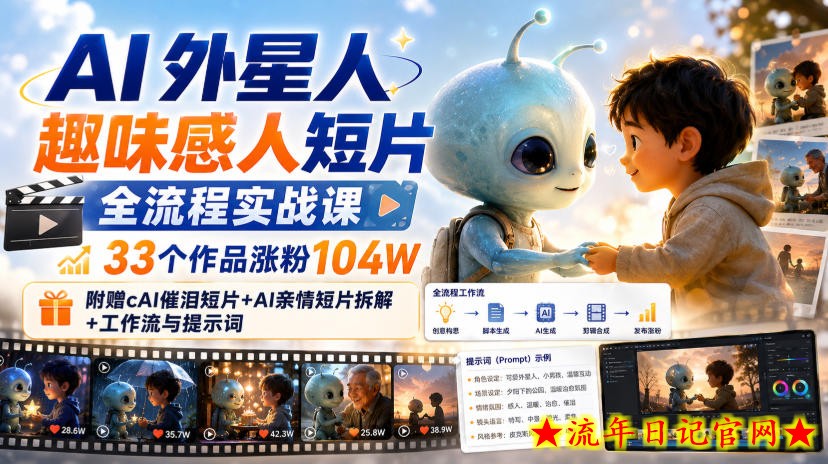 AI外星人趣味感人短片全流程实战课，33个作品涨粉104W，附赠AI催泪短片+AI亲情短片拆解+工作流与提示词