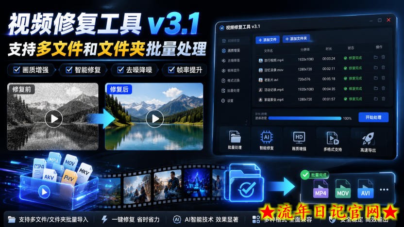 视频修复工具v3.1，支持多文件和文件夹批量处理