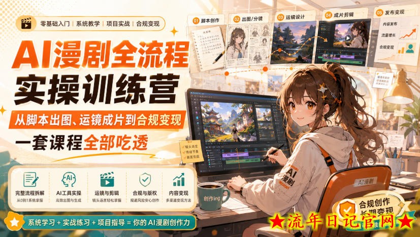 AI漫剧全流程实操训练营，从脚本出图、运镜成片到合规变现，一套课程全部吃透