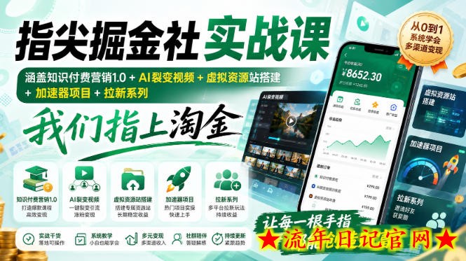 指尖掘金社实战课，涵盖知识付费营销1.0+AI裂变视频+虚拟资源站搭建+加速器项目+拉新系列，我们指上淘金！