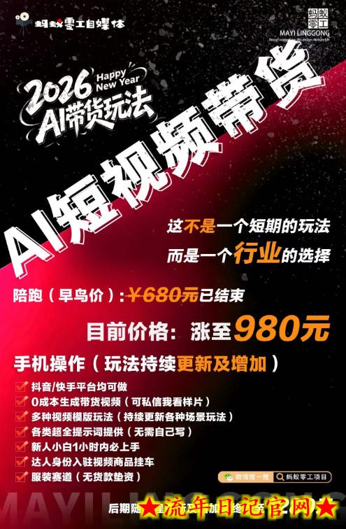 外面卖680的AI短视频带货，靠AI生成短视频，分发到抖音快手平台，多种模版提示词提供，单条视频1k+收益