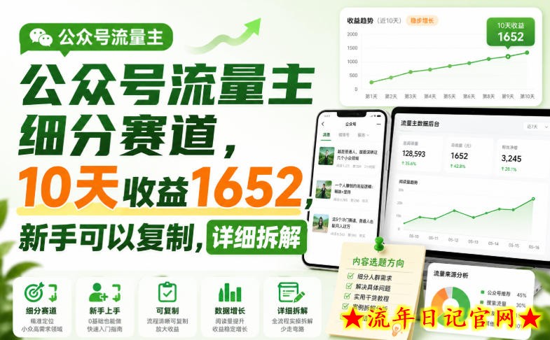 公众号流量主细分赛道，10天收益1652，新手可以复制，详细拆解-流年日记