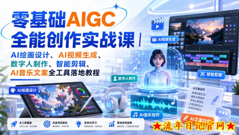 零基础AIGC全能创作实战课｜AI绘画设计、AI视频生成、数字人制作、智能剪辑、AI音乐文案全工具落地教程