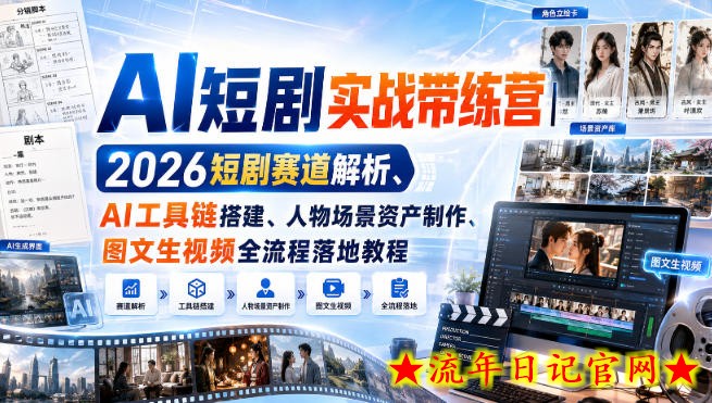 AI短剧实战带练营｜2026短剧赛道解析、AI工具链搭建、人物场景资产制作、图文生视频全流程落地教程