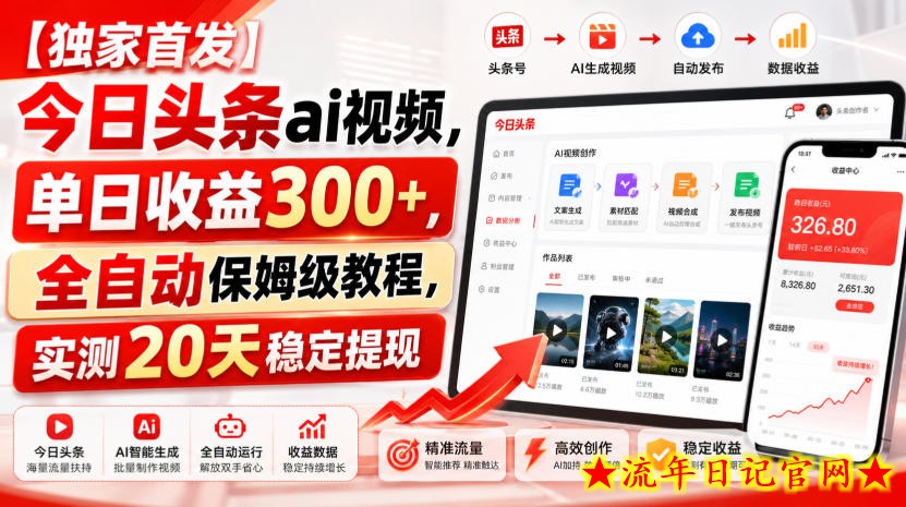 【独家首发】今日头条ai视频，单日收益300+，全自动保姆级教程，实测20天稳定提现【揭秘】-流年日记