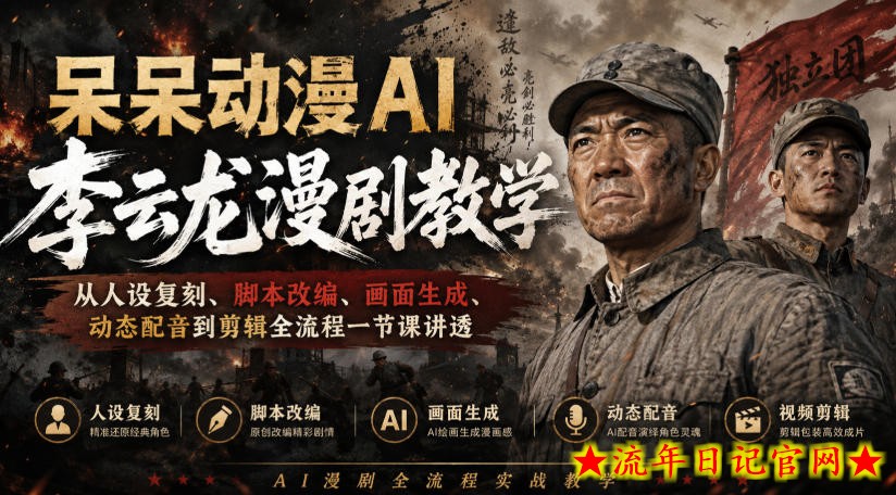 呆呆动漫AI李云龙漫剧教学，从人设复刻、脚本改编、画面生成、动态配音到剪辑全流程一节课讲透