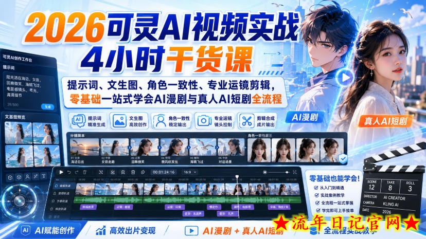 2026可灵AI视频实战4小时干货课｜提示词、文生图、角色一致性、专业运镜剪辑，零基础一站式学会AI漫剧与真人AI短剧全流程
