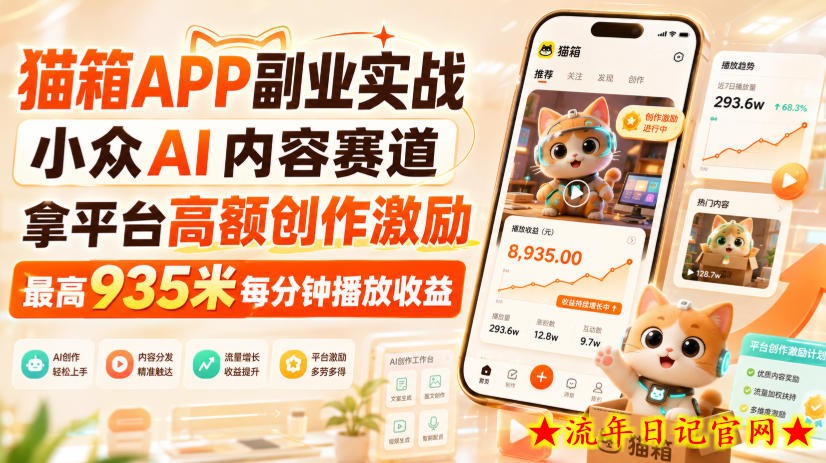 猫箱APP副业实战，小众AI内容赛道，拿平台高额创作激励，最高935米每分钟播放收益