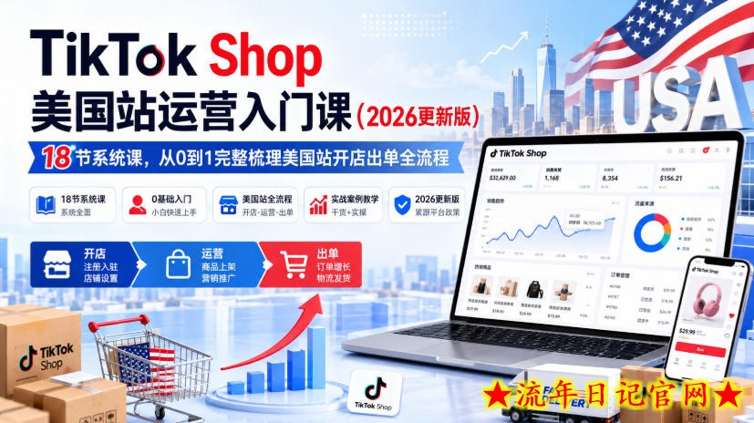 TikTok Shop美国站运营入门课（2026更新版），18节系统课，，从0到1完整梳理美国站开店出单全流程