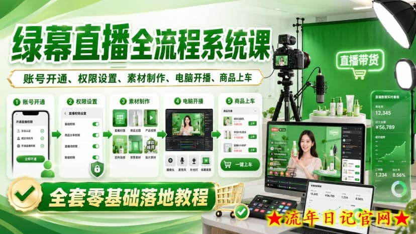 绿幕直播全流程系统课，账号开通、权限设置、素材制作、电脑开播、商品上车全套零基础落地教程-流年日记