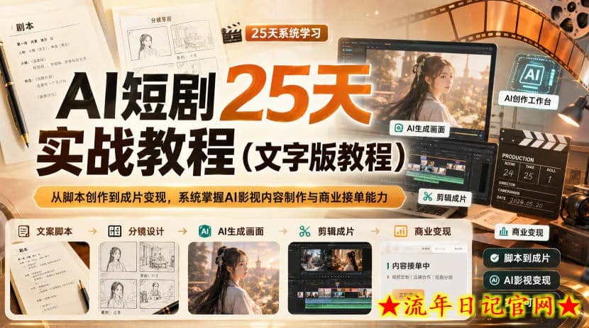 AI短剧25天实战教程（文字版教程），从脚本创作到成片变现，系统掌握AI影视内容制作与商业接单能力