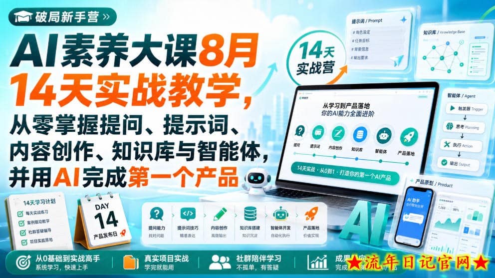 破局新手营AI素养大课8月14天实战教学，从零掌握提问、提示词、内容创作、知识库与智能体，并用AI完成第一个产品