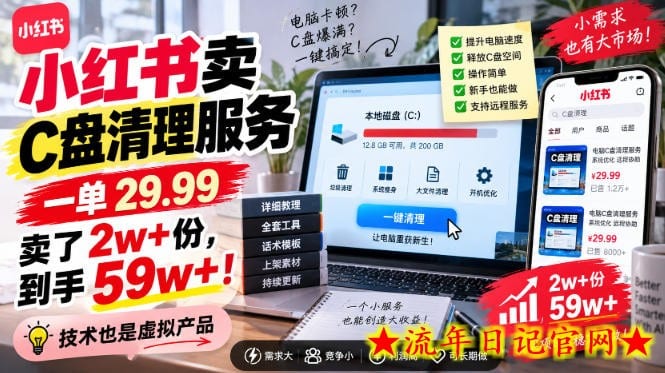 小红书卖C盘清理服务，一单29.99，卖了2w+份，技术也是虚拟产品